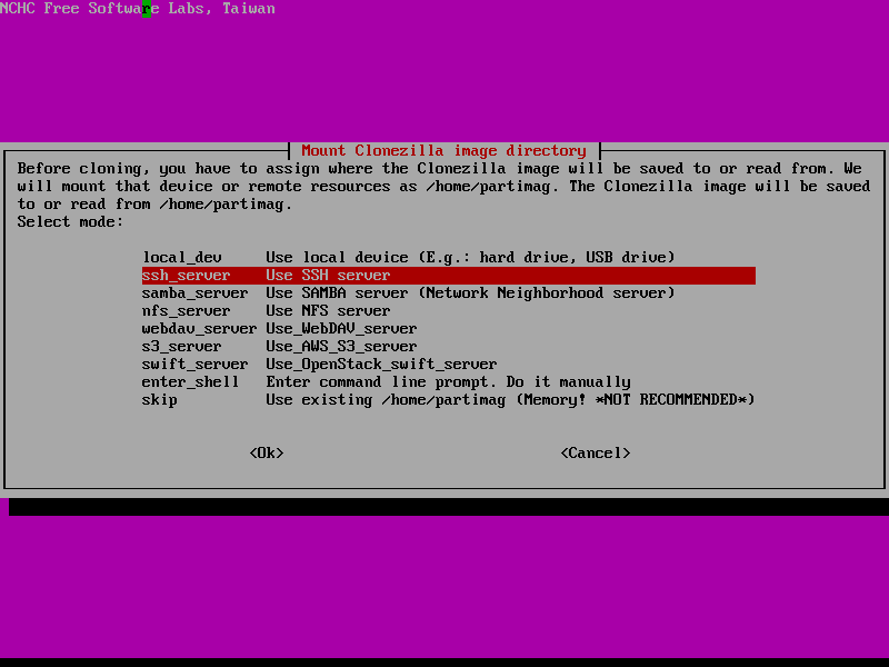 Clonezilla desktop screenshot: wily location
