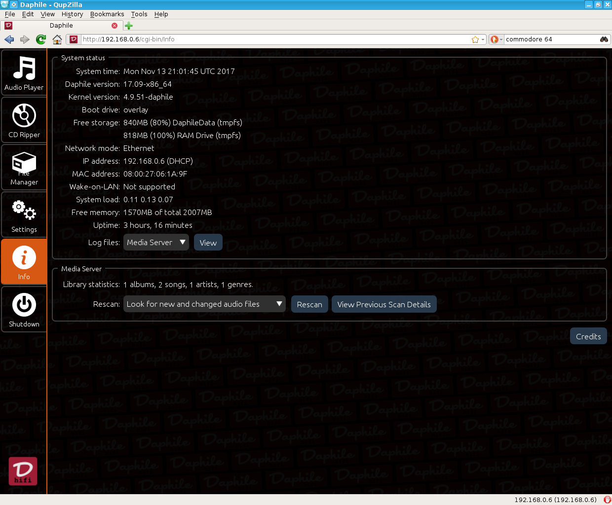 Daphile desktop screenshot: 17.09 info