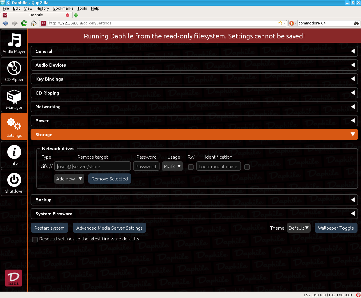 Daphile desktop screenshot: 17.09 settings