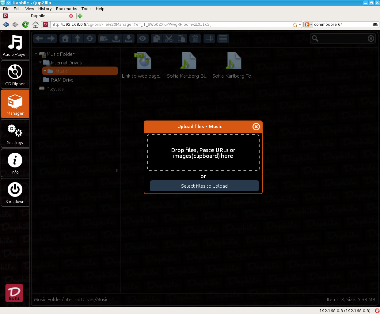 Daphile desktop screenshot: 17.09 upload