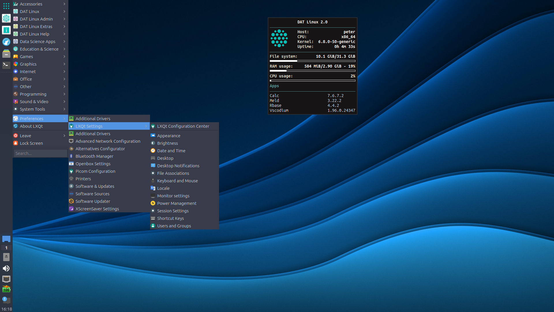 DAT desktop screenshot: 2.0 menu