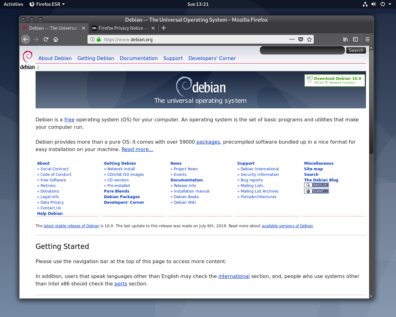 Debian desktop screenshot: 10 firefox