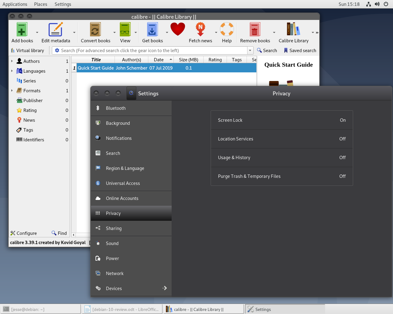 Debian desktop screenshot: 10 settings