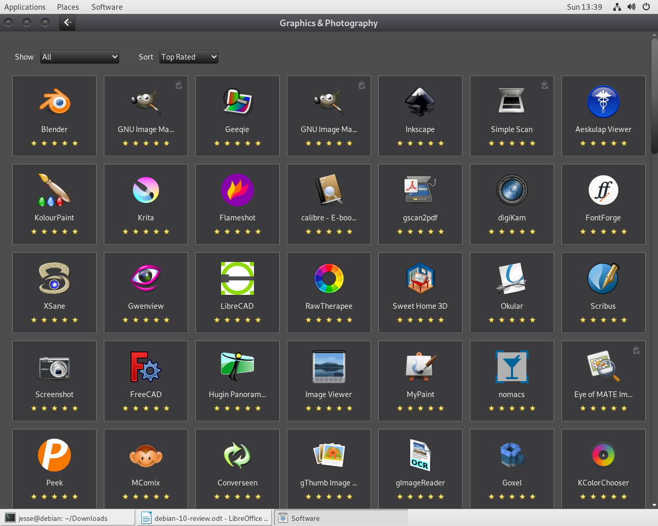 Debian desktop screenshot: 10 software