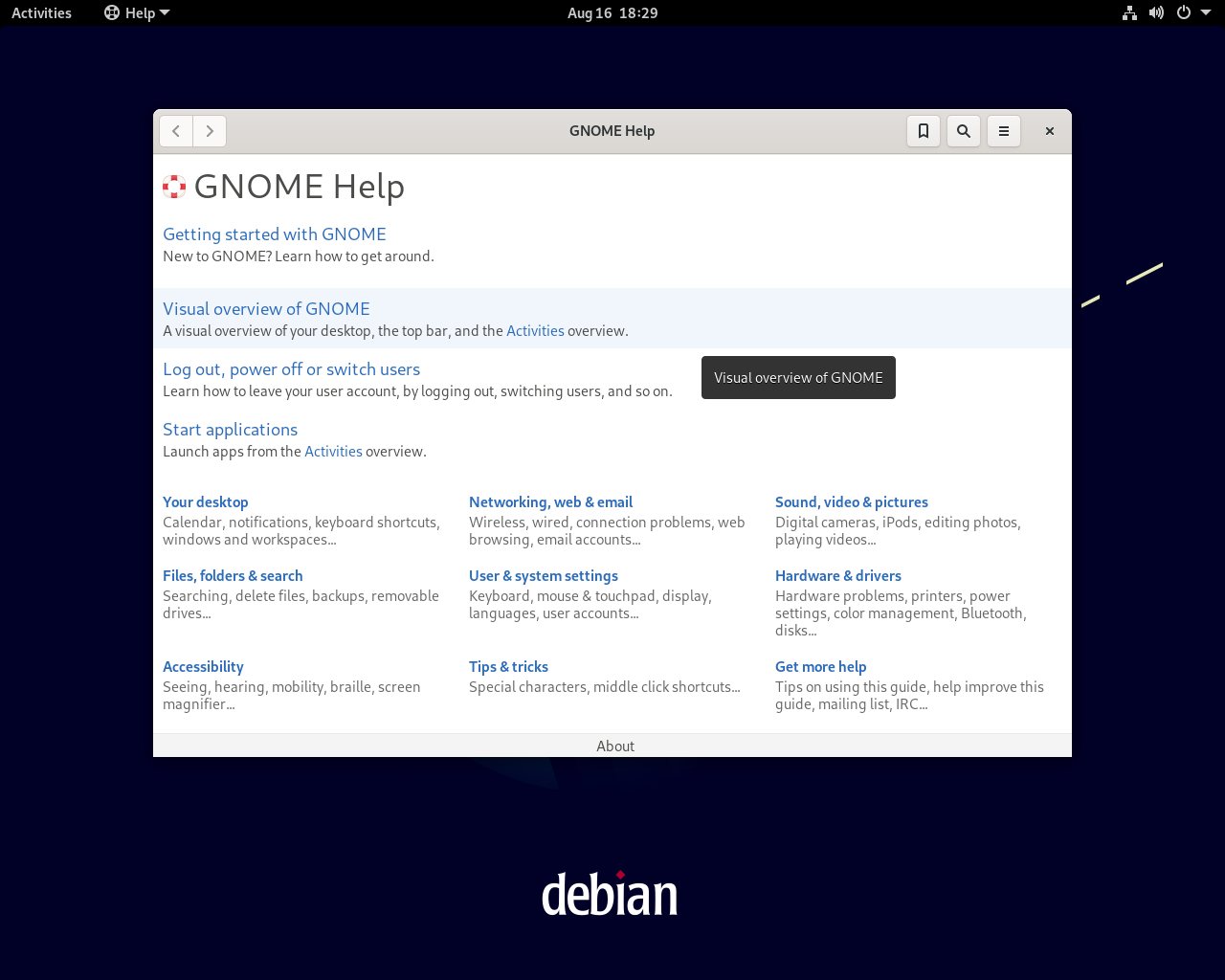 Debian desktop screenshot: 11 help