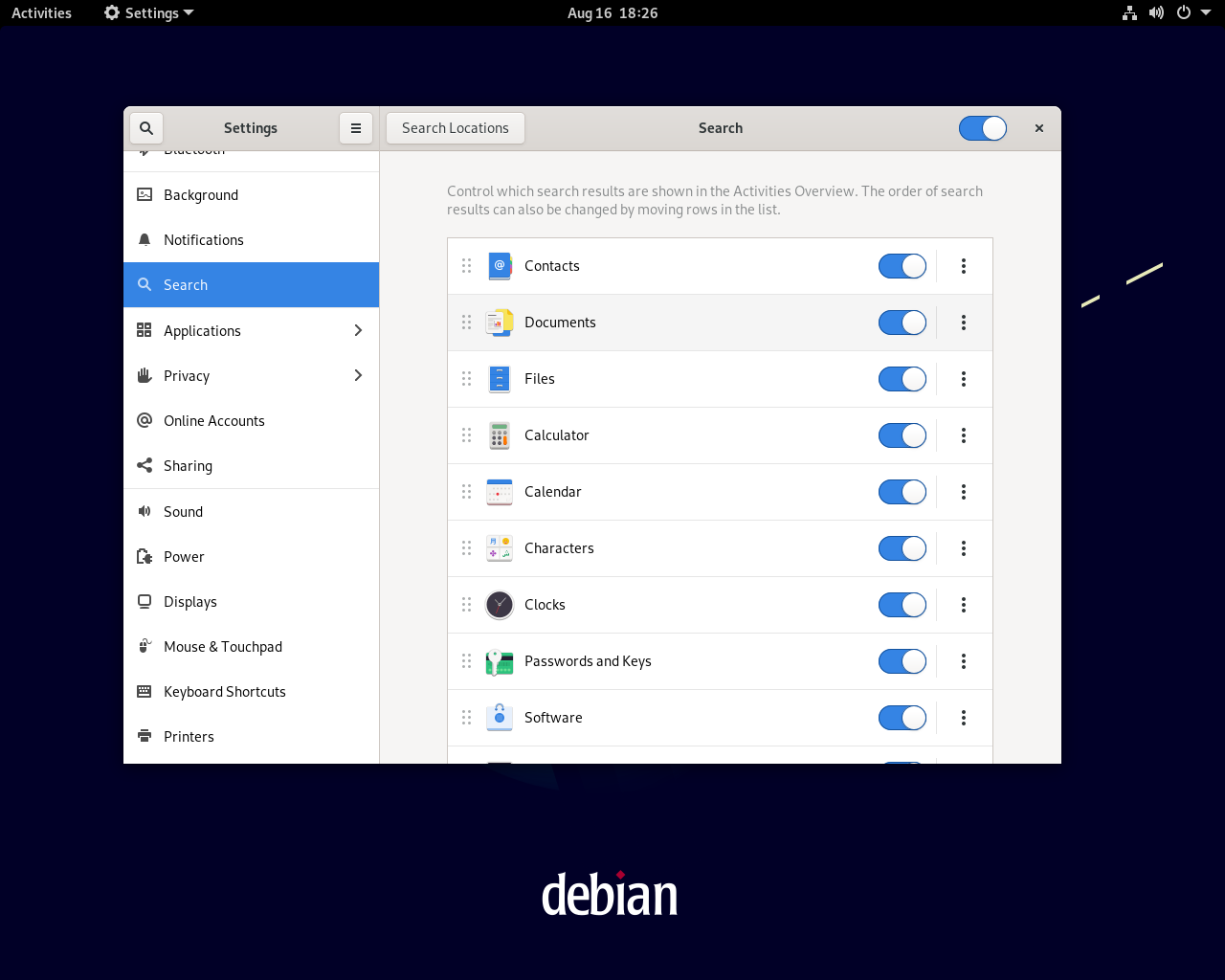 Debian desktop screenshot: 11 settings
