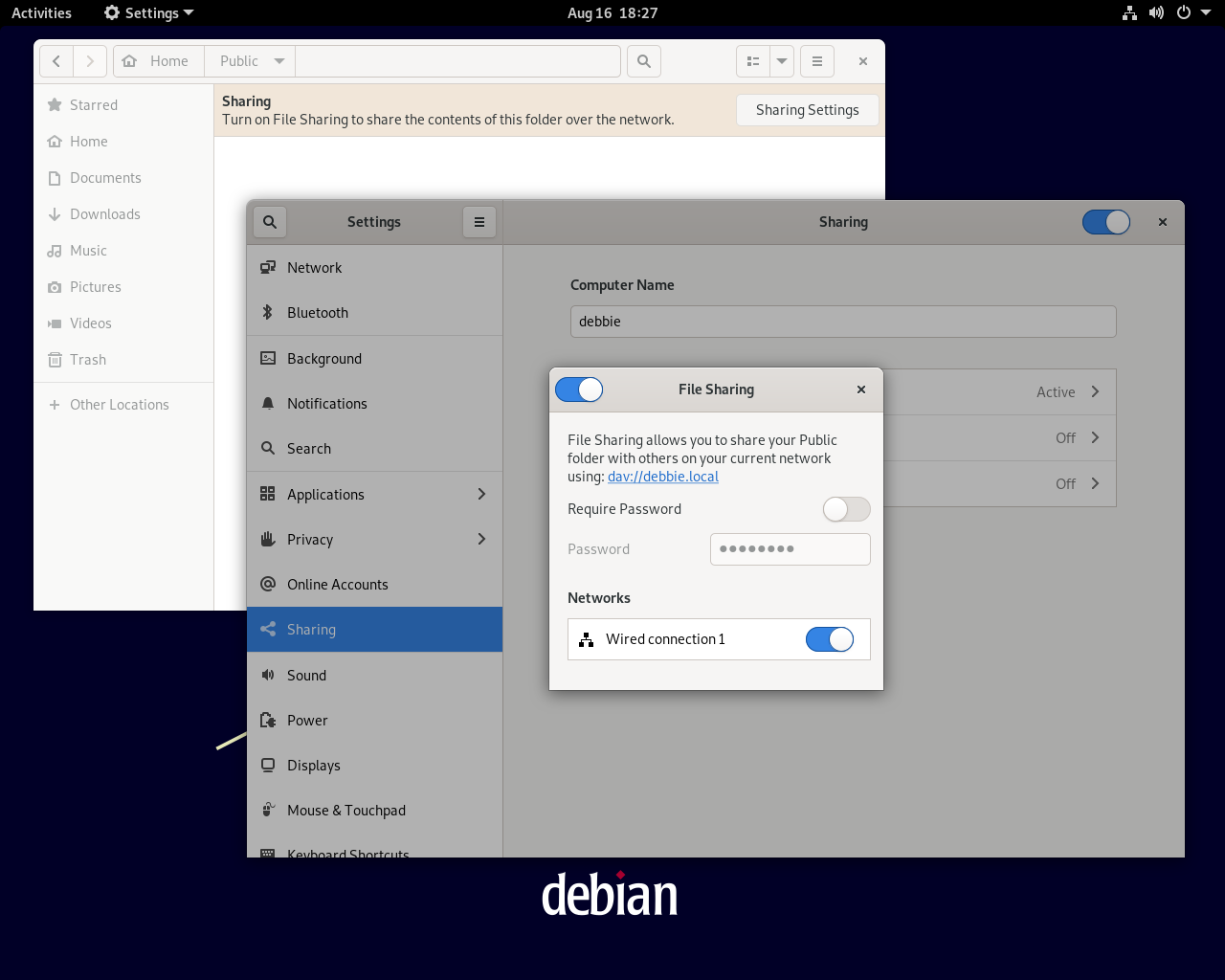 Debian desktop screenshot: 11 sharing