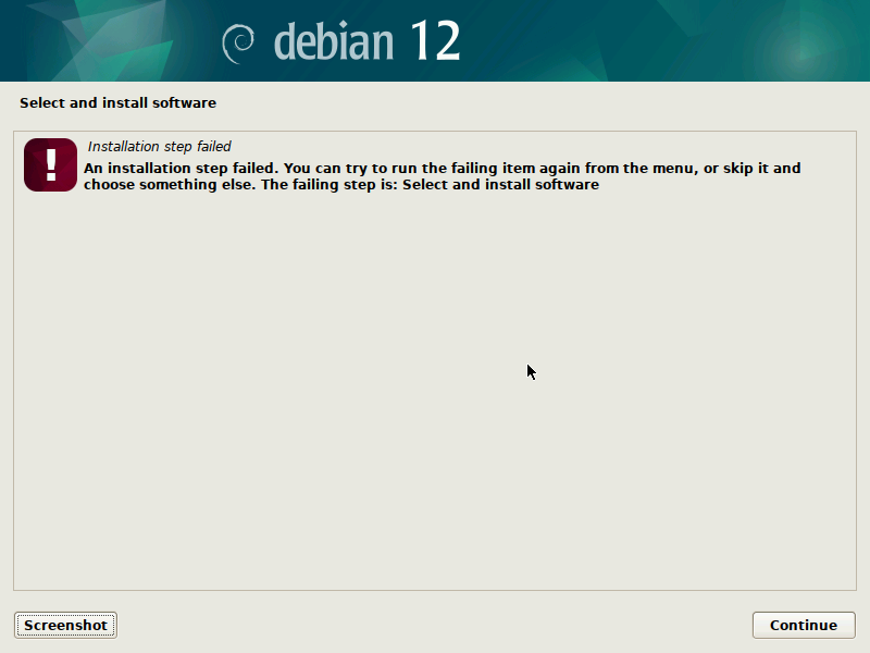 Debian desktop screenshot: 12 installer error