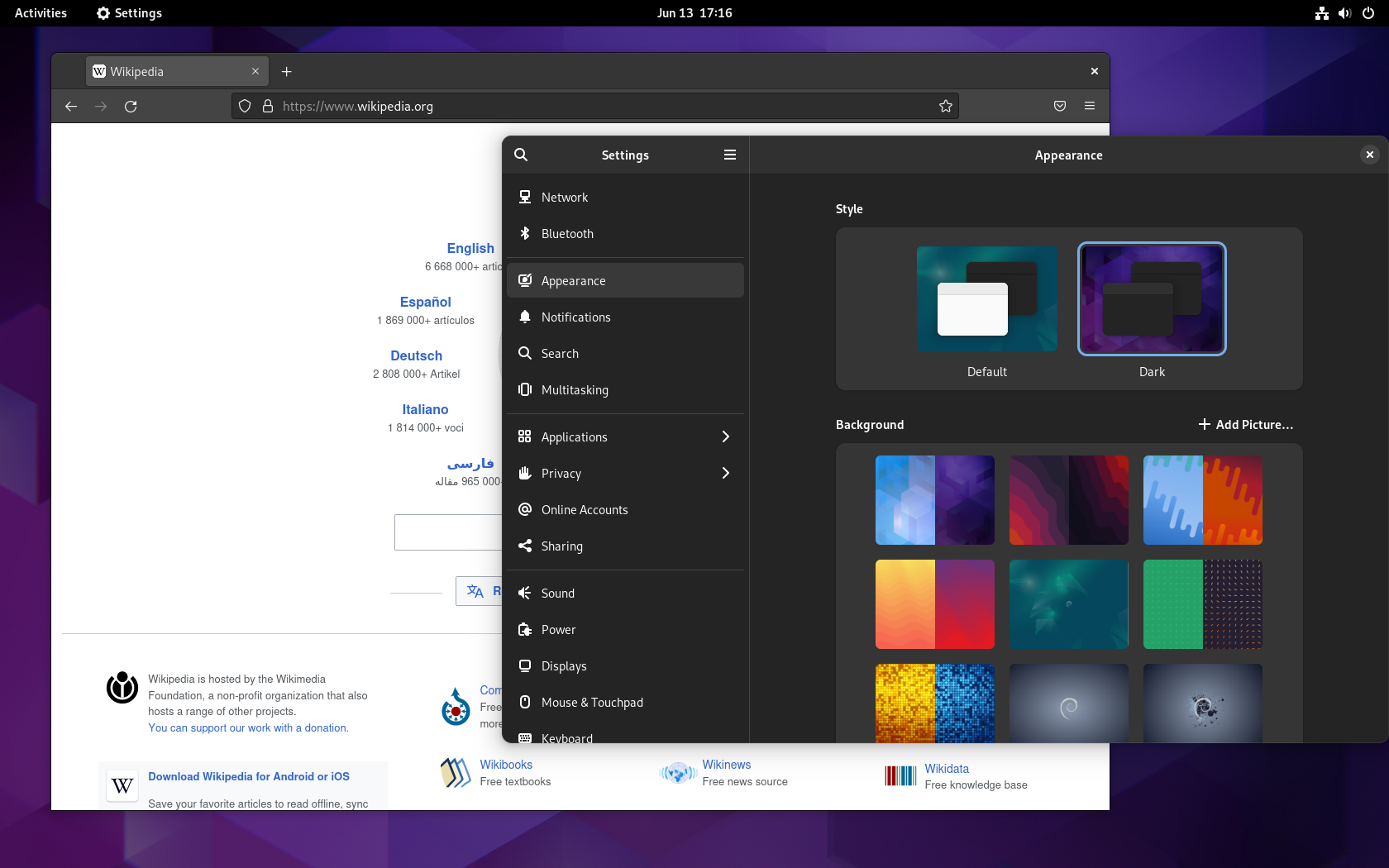 Debian desktop screenshot: 12 settings