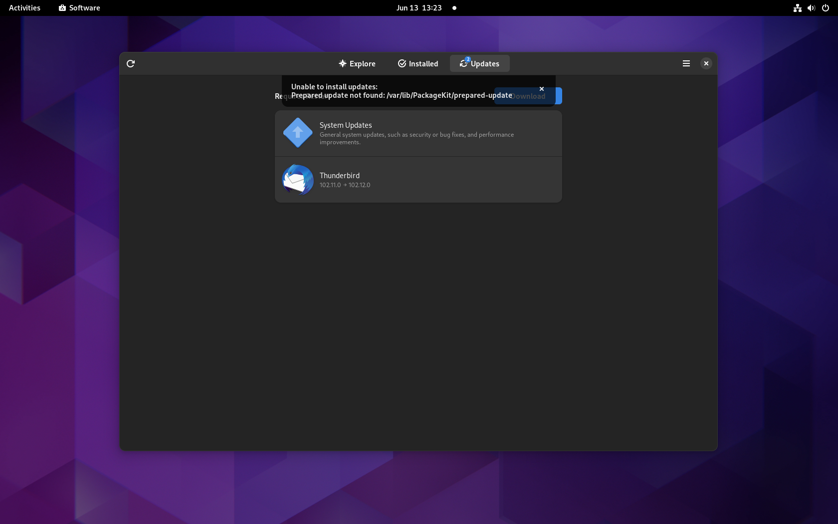 Debian desktop screenshot: 12 software updates failed