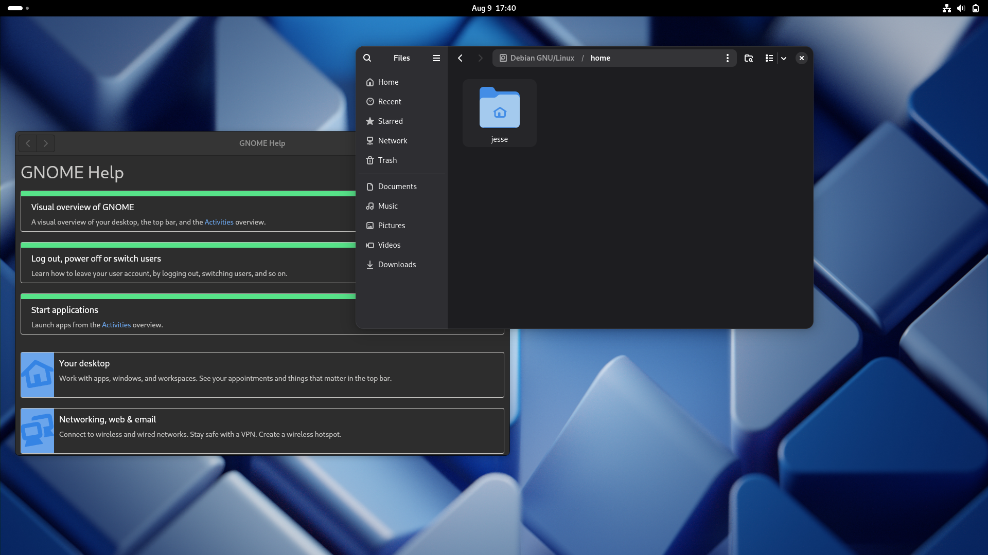 Debian desktop screenshot: 13 dark