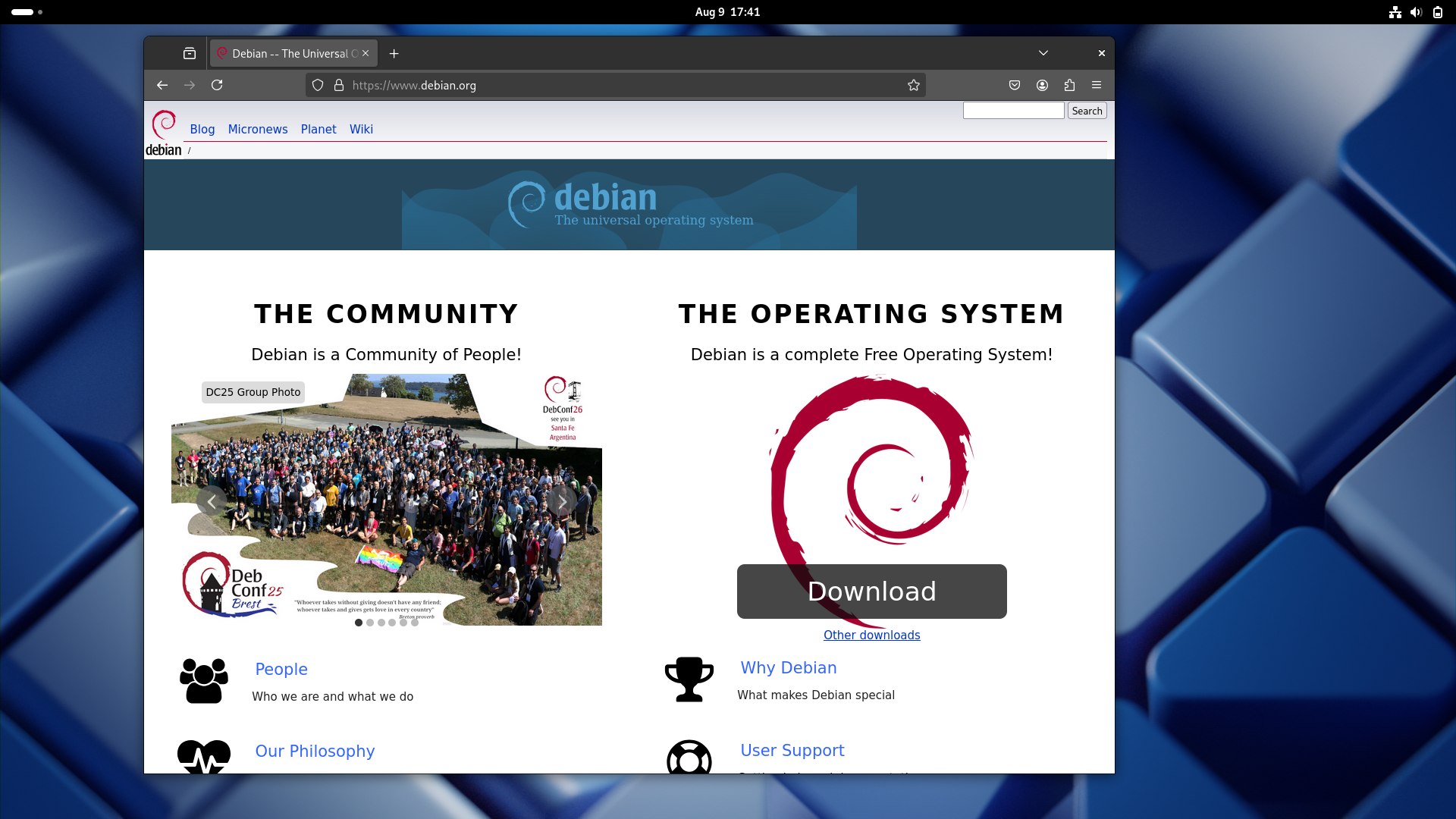 Debian desktop screenshot: 13 firefox