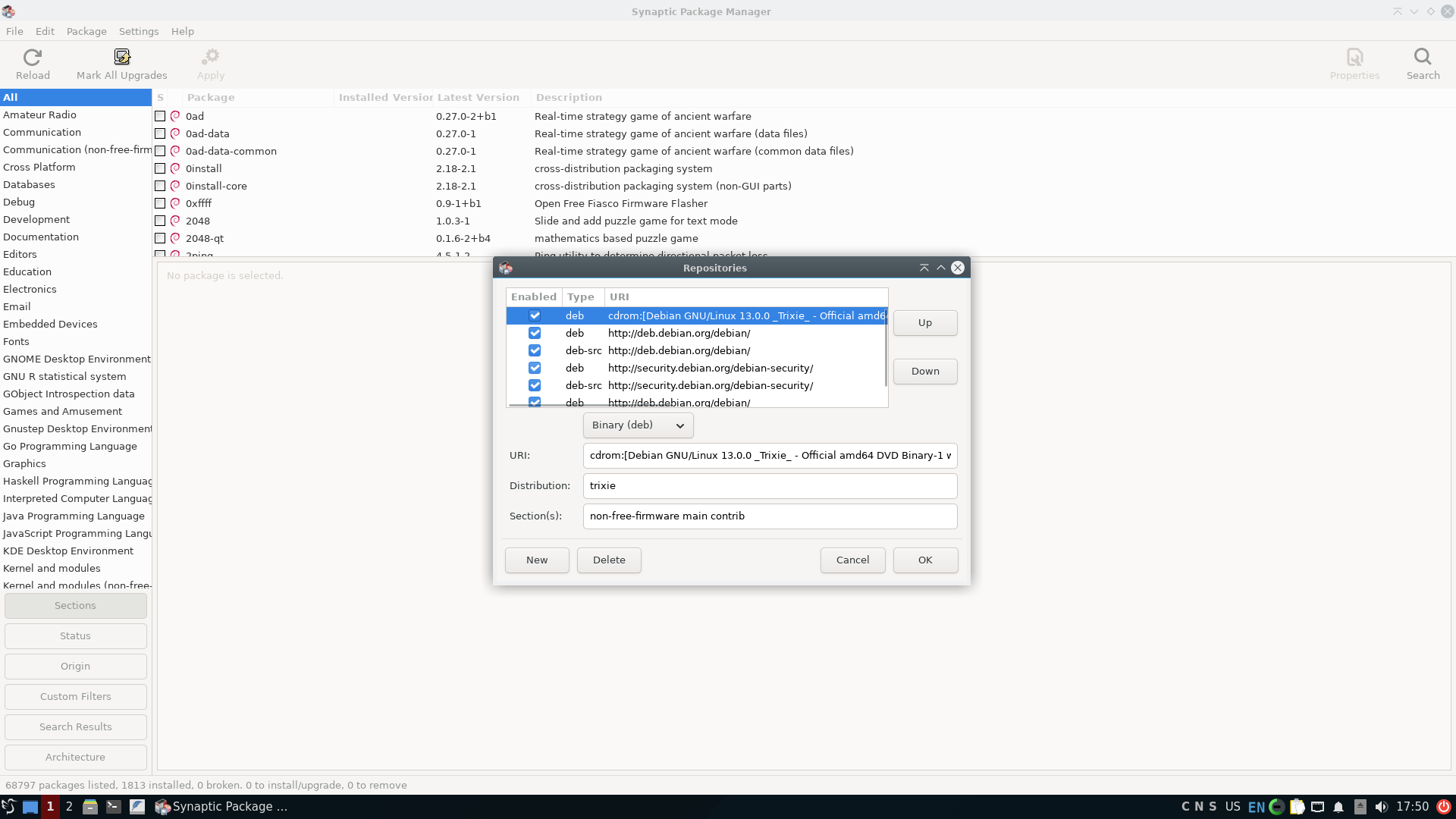 Debian desktop screenshot: 13 synaptic