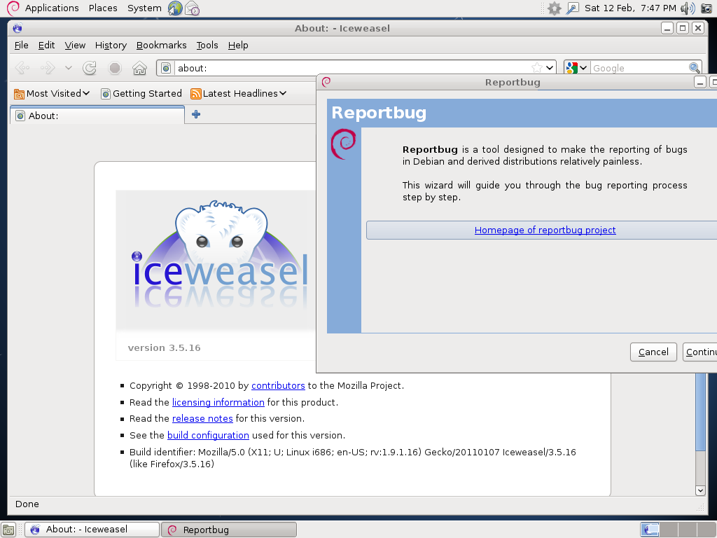 Debian desktop screenshot: 6.0 bugreporting