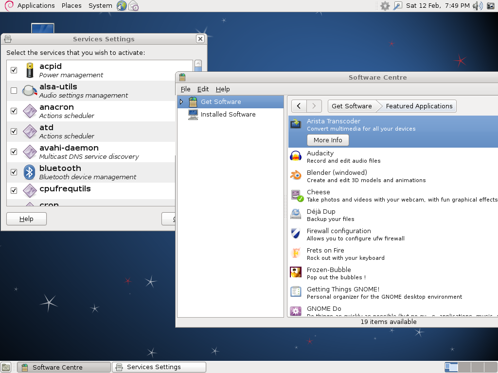 Debian desktop screenshot: 6.0 services
