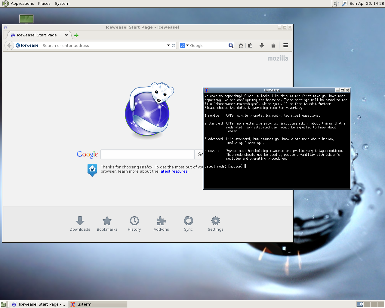 Debian desktop screenshot: 8.0 reportbug