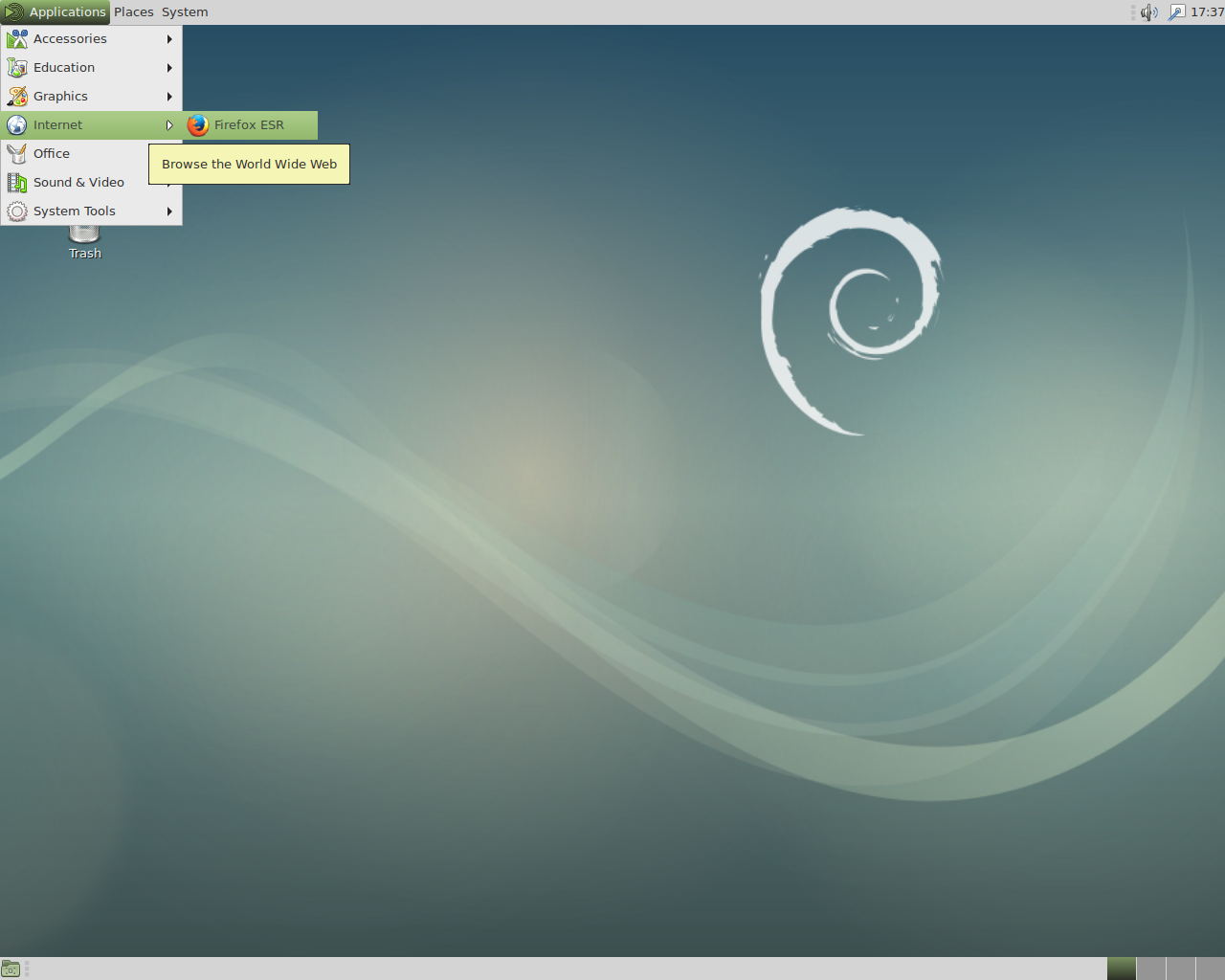 Debian desktop screenshot: 9 menu