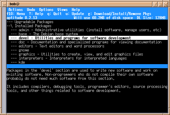 Debian desktop screenshot: aptitude