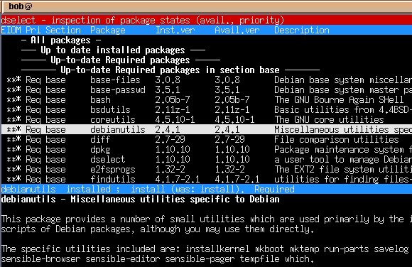 Debian desktop screenshot: dselect