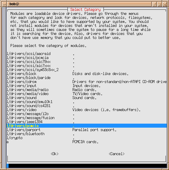 Debian desktop screenshot: modconf