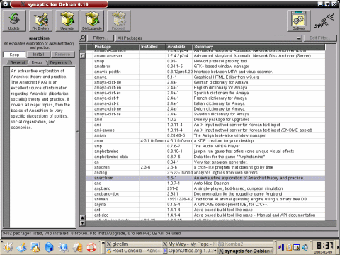 Debian desktop screenshot: synaptic small