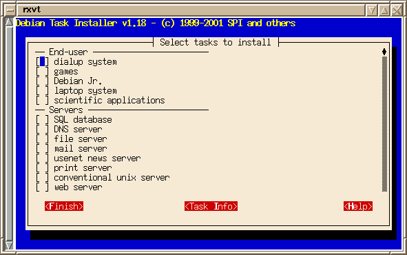 Debian desktop screenshot: tasksel