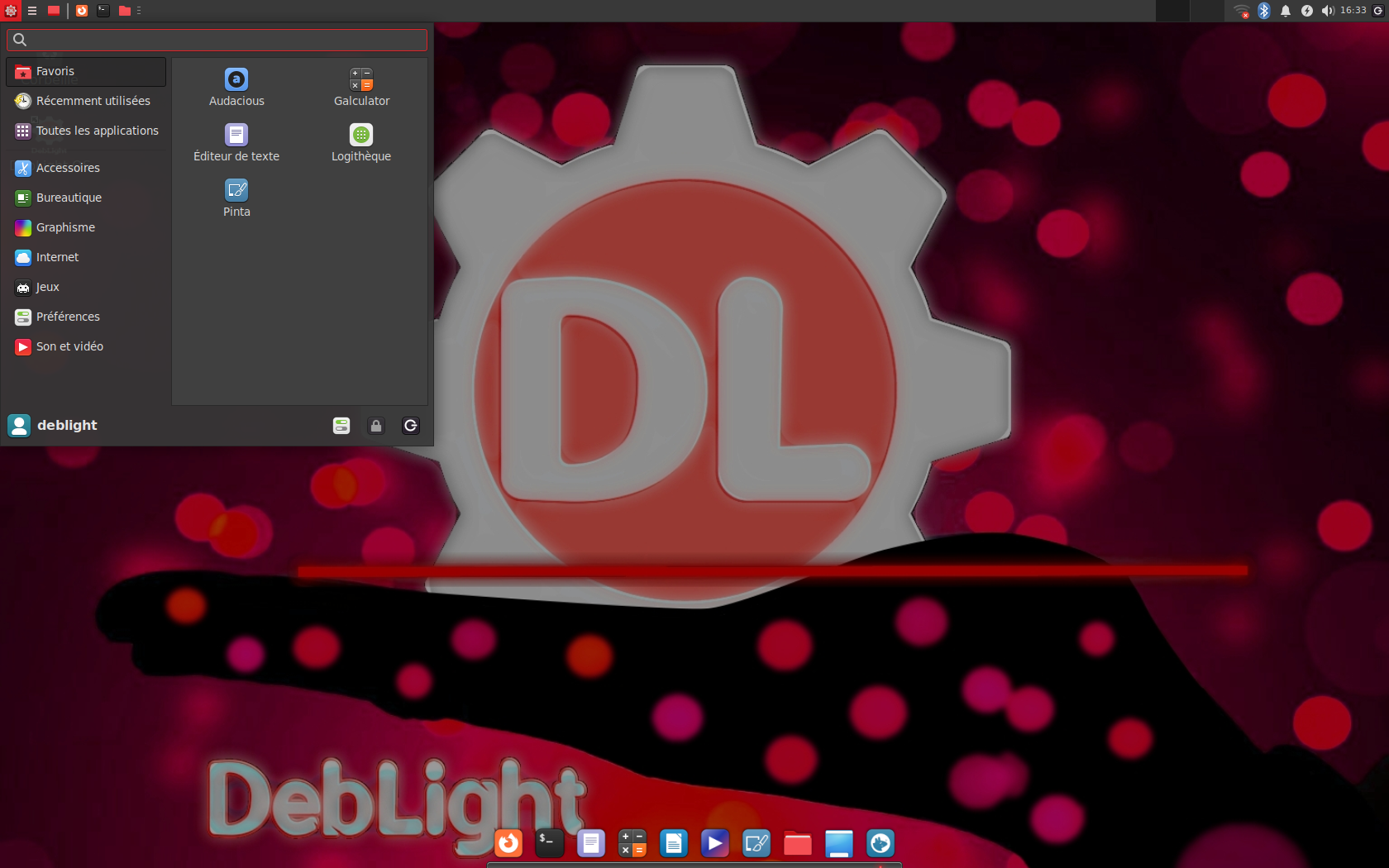 DebLight desktop screenshot: 1 menu