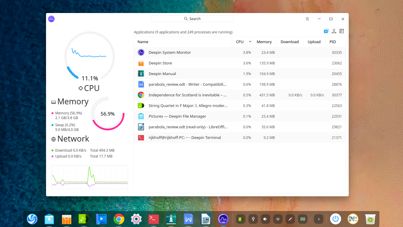 deepin desktop screenshot: 15.11 deepin system monitor
