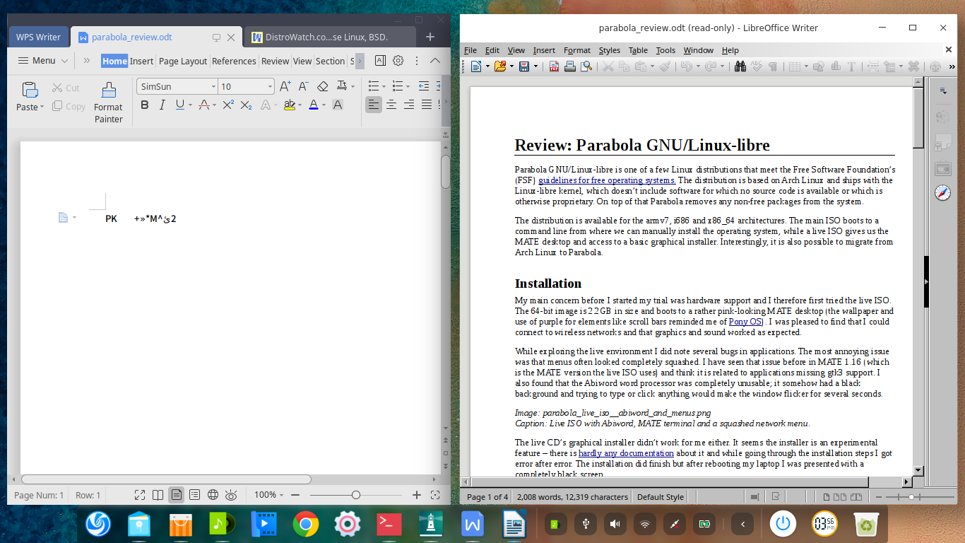 deepin desktop screenshot: 15.11 wps and libre office