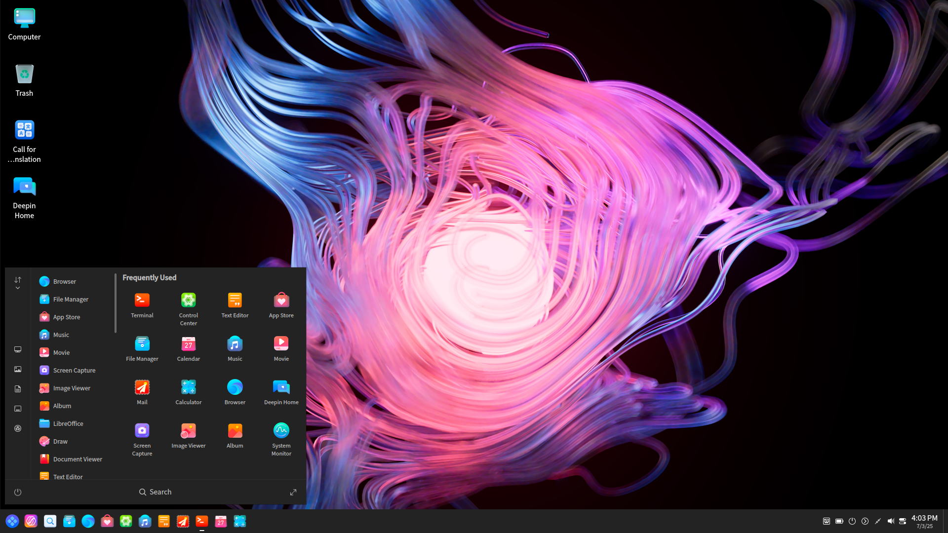 deepin desktop screenshot: 25 menu