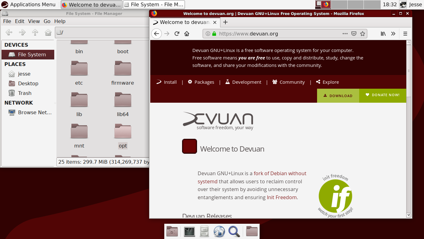 Devuan desktop screenshot: 3.0.0 thunar