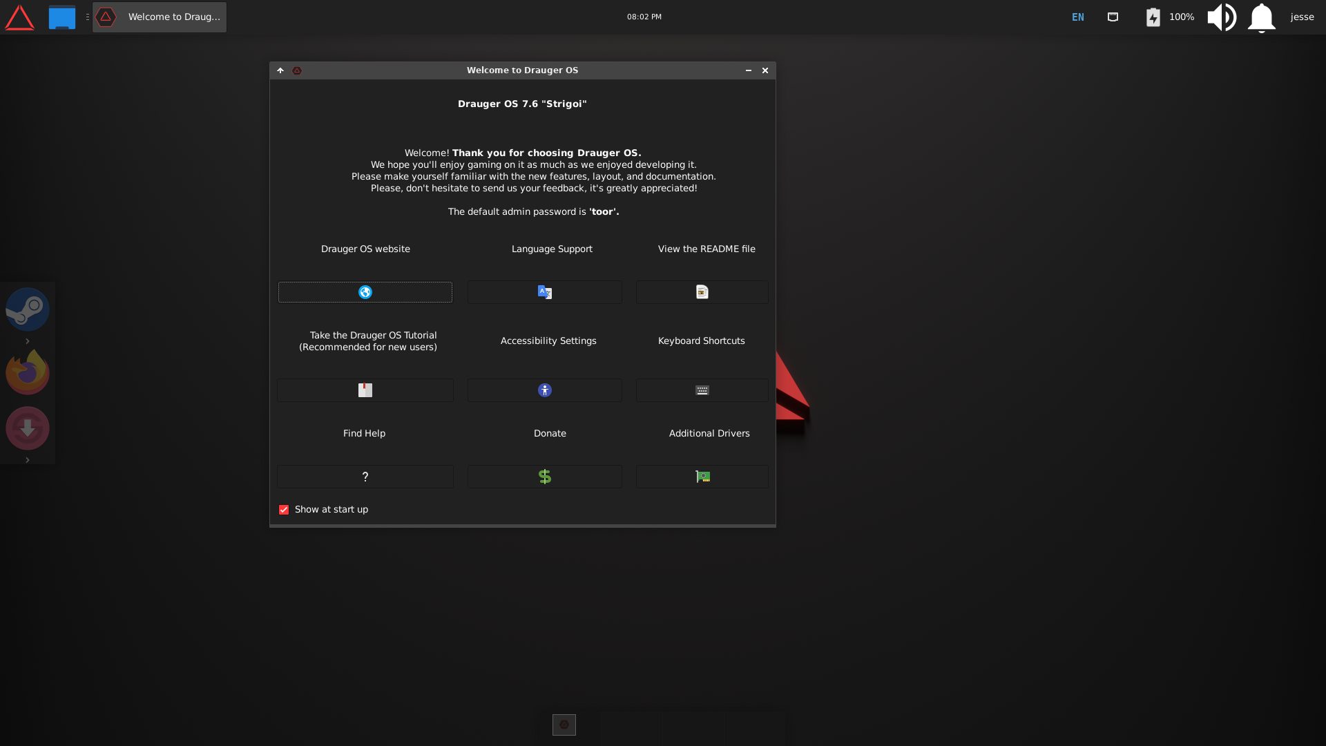 Drauger desktop screenshot: 7.6 welcome