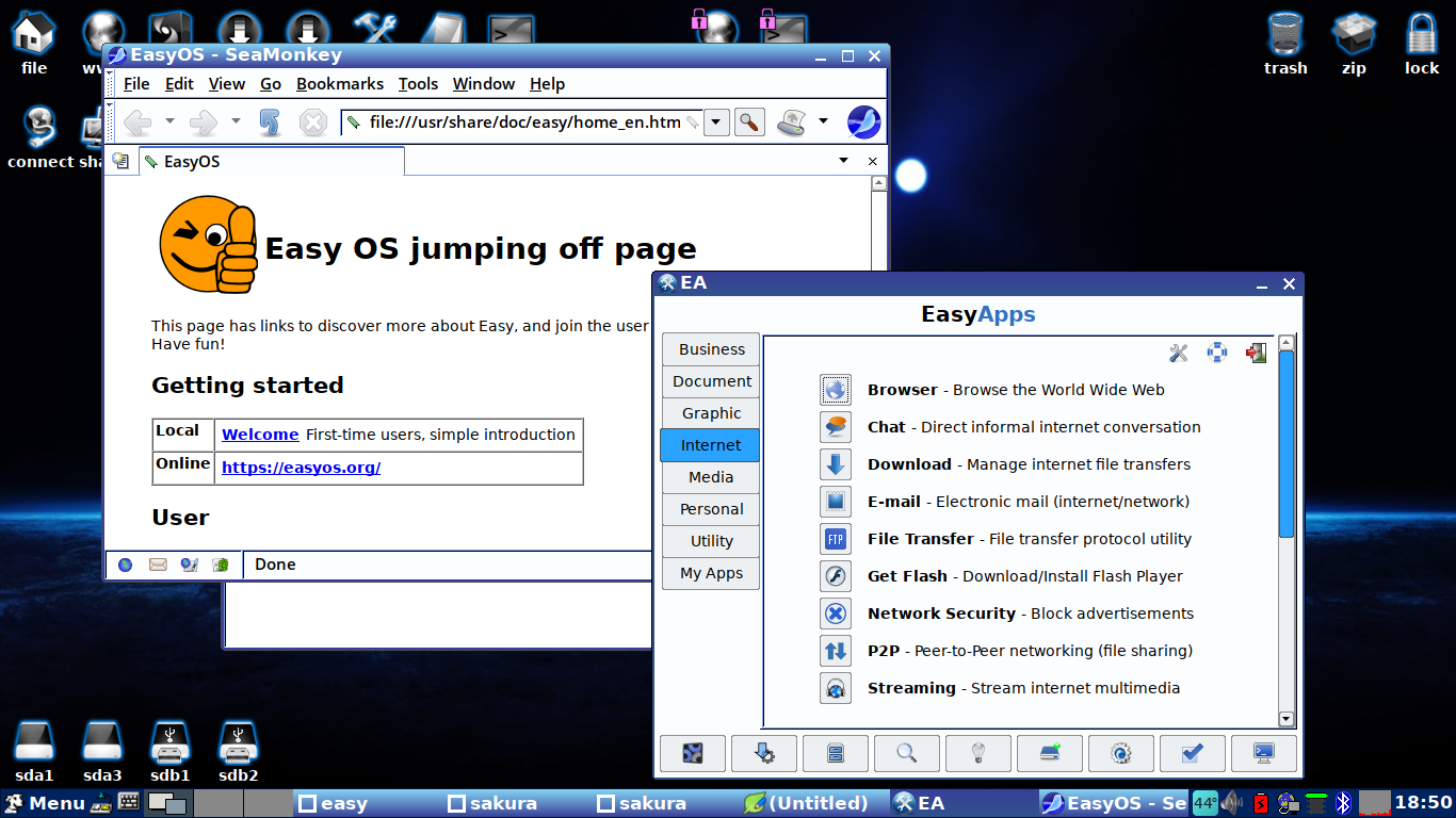 EasyOS desktop screenshot: 1.0 apps