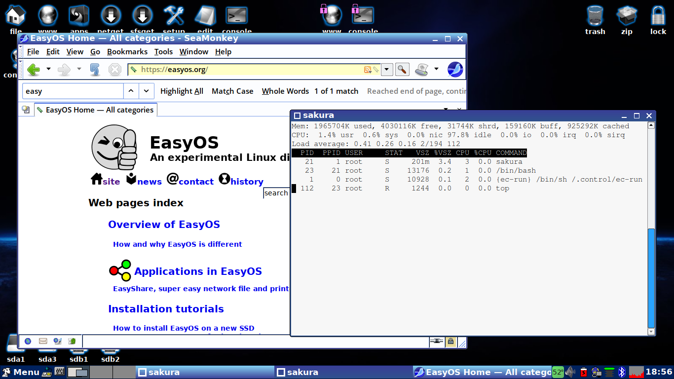 EasyOS desktop screenshot: 1.0 contained