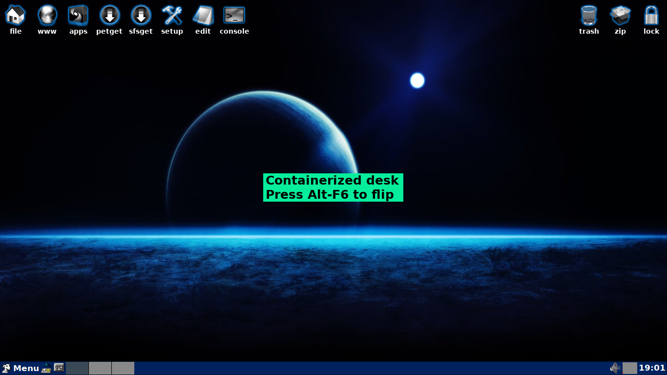 EasyOS desktop screenshot: 1.0 desktop container