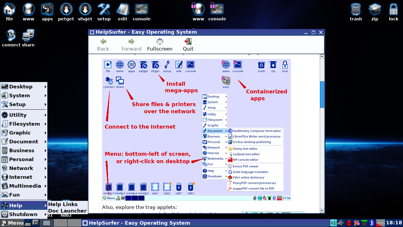 EasyOS desktop screenshot: 1.0 desktop