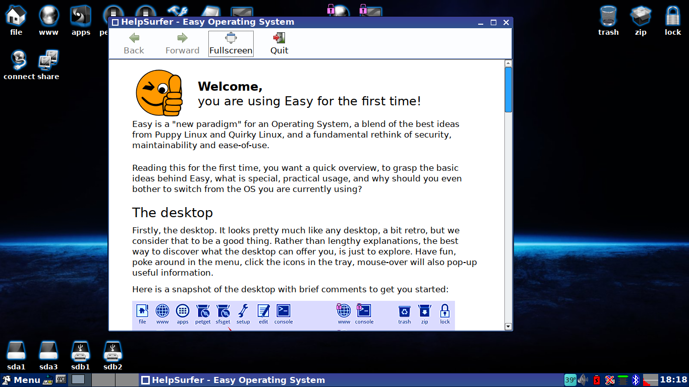 EasyOS desktop screenshot: 1.0 intro