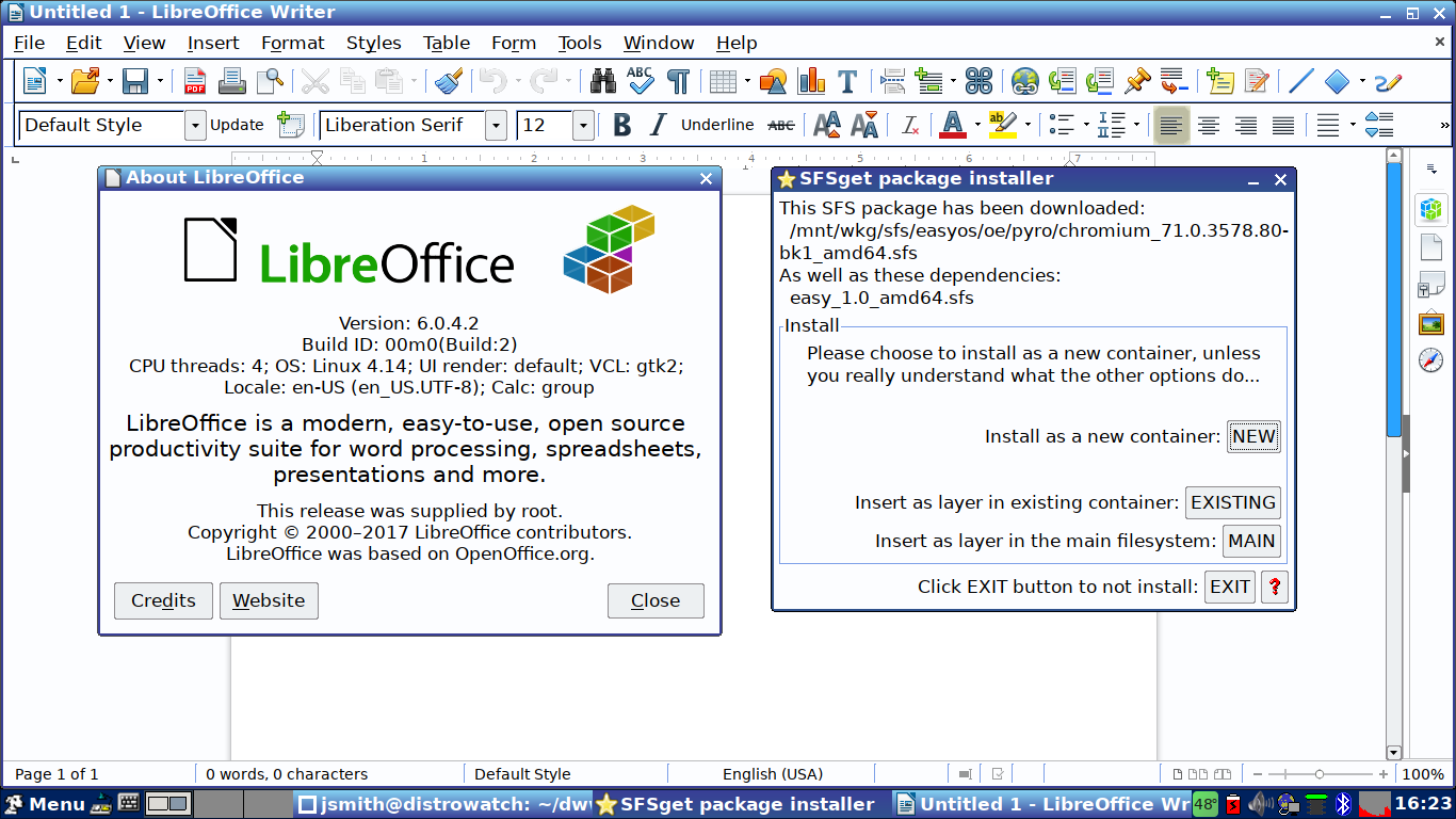 EasyOS desktop screenshot: 1.0 layers
