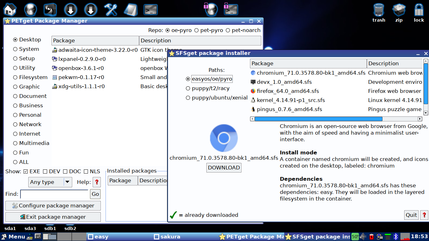 EasyOS desktop screenshot: 1.0 packages