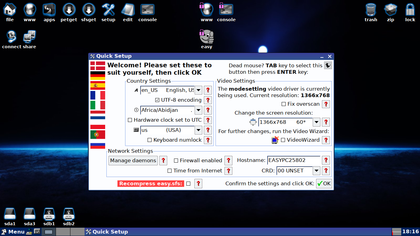 EasyOS desktop screenshot: 1.0 welcome