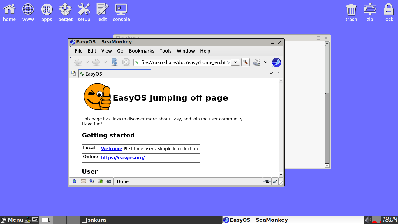 EasyOS desktop screenshot: 2.2 in container