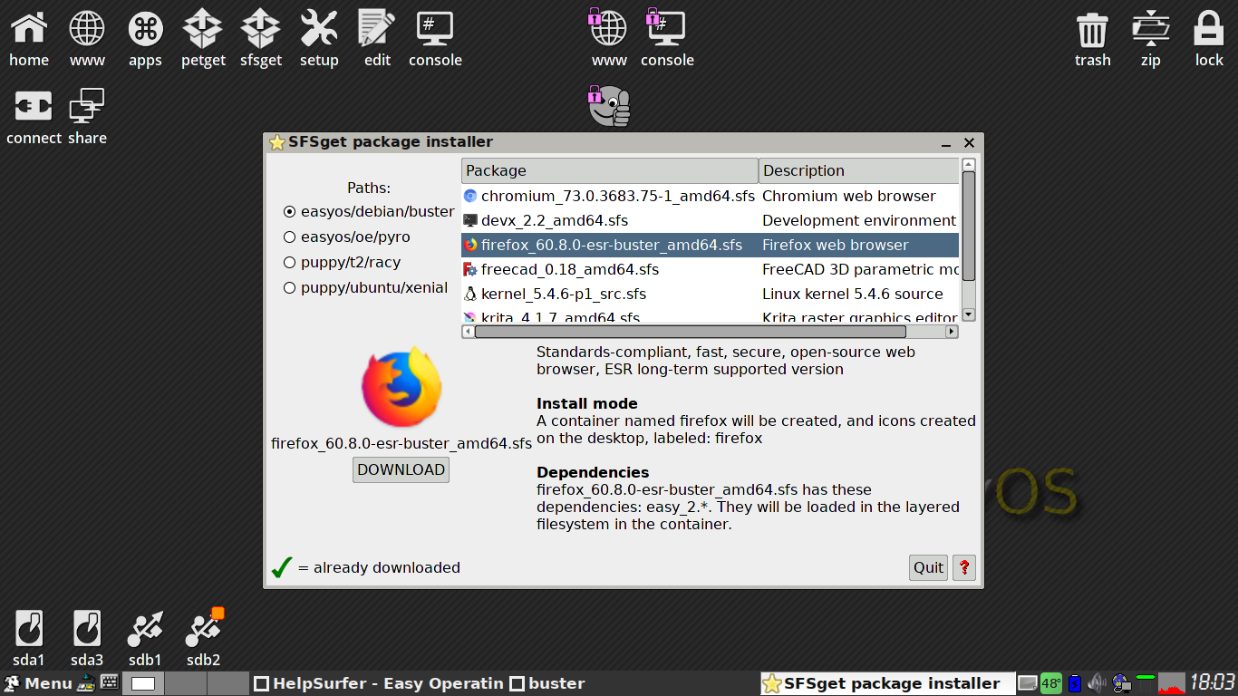 EasyOS desktop screenshot: 2.2 packages