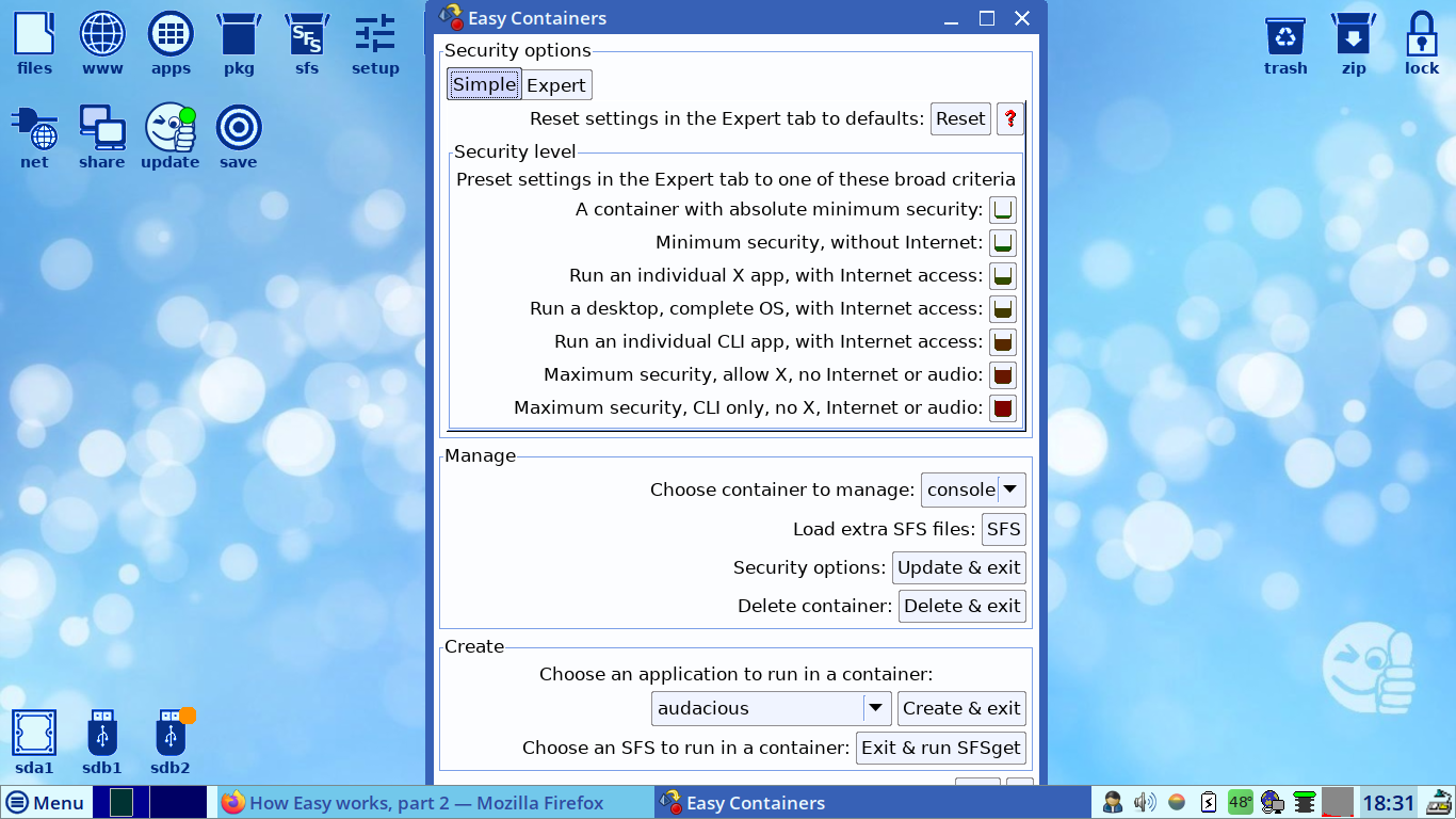 EasyOS desktop screenshot: 4.2 container
