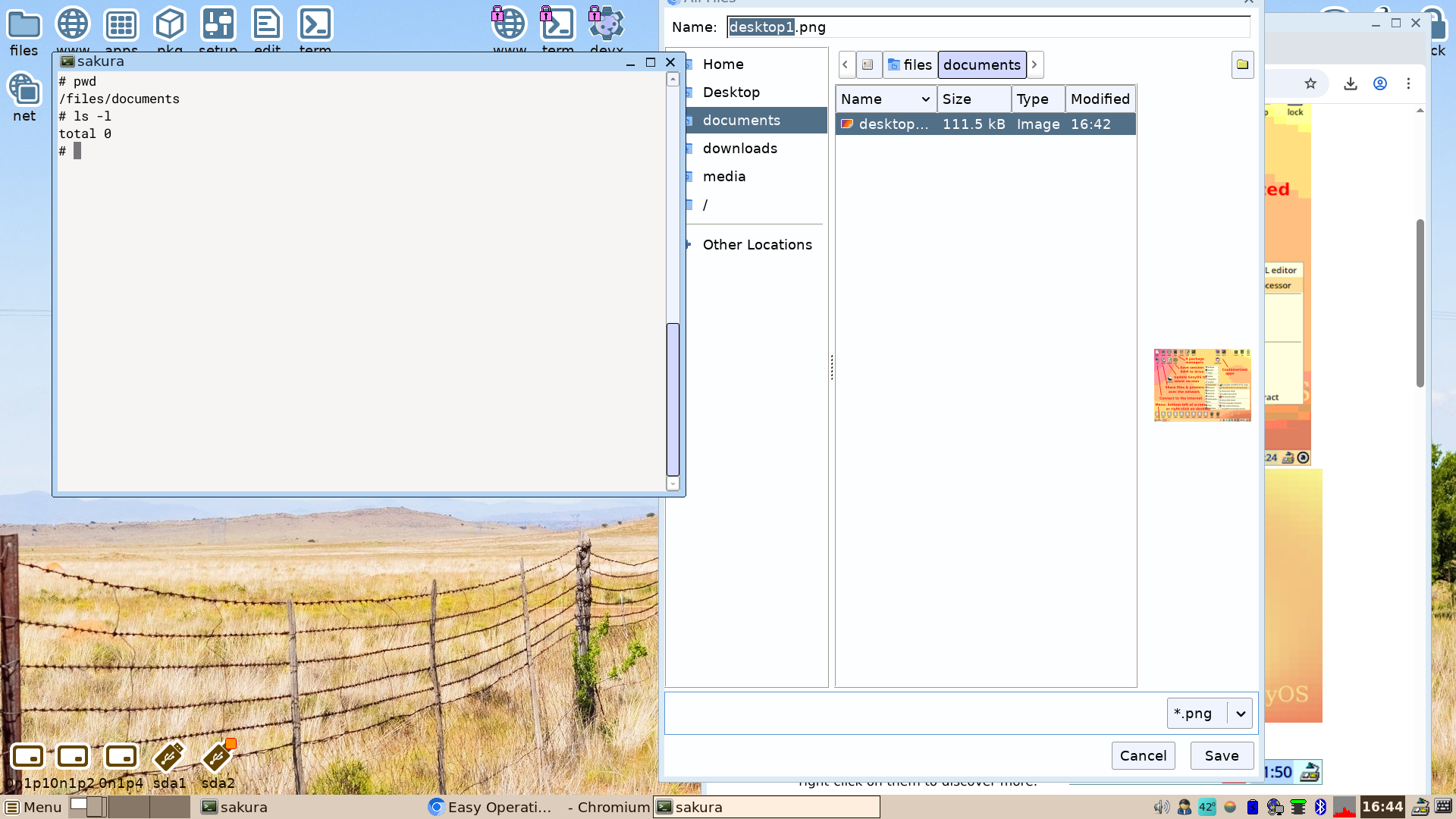 EasyOS desktop screenshot: 7.0 contained browser
