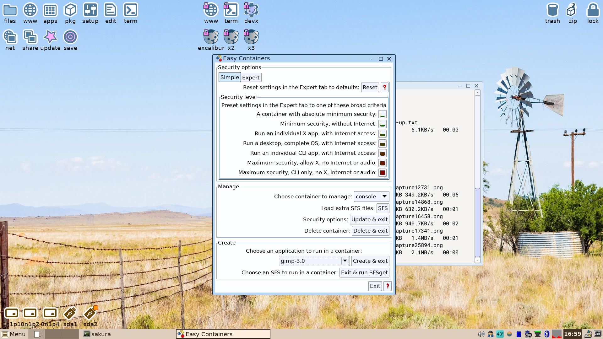 EasyOS desktop screenshot: 7.0 create container