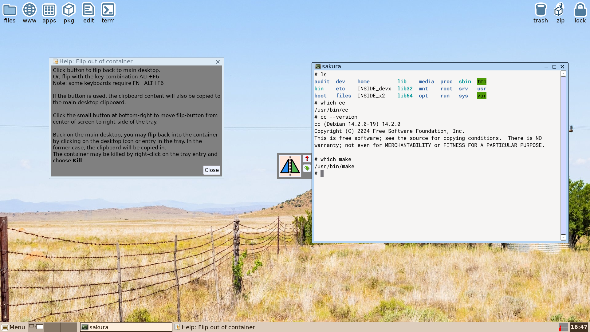 EasyOS desktop screenshot: 7.0 inside devx