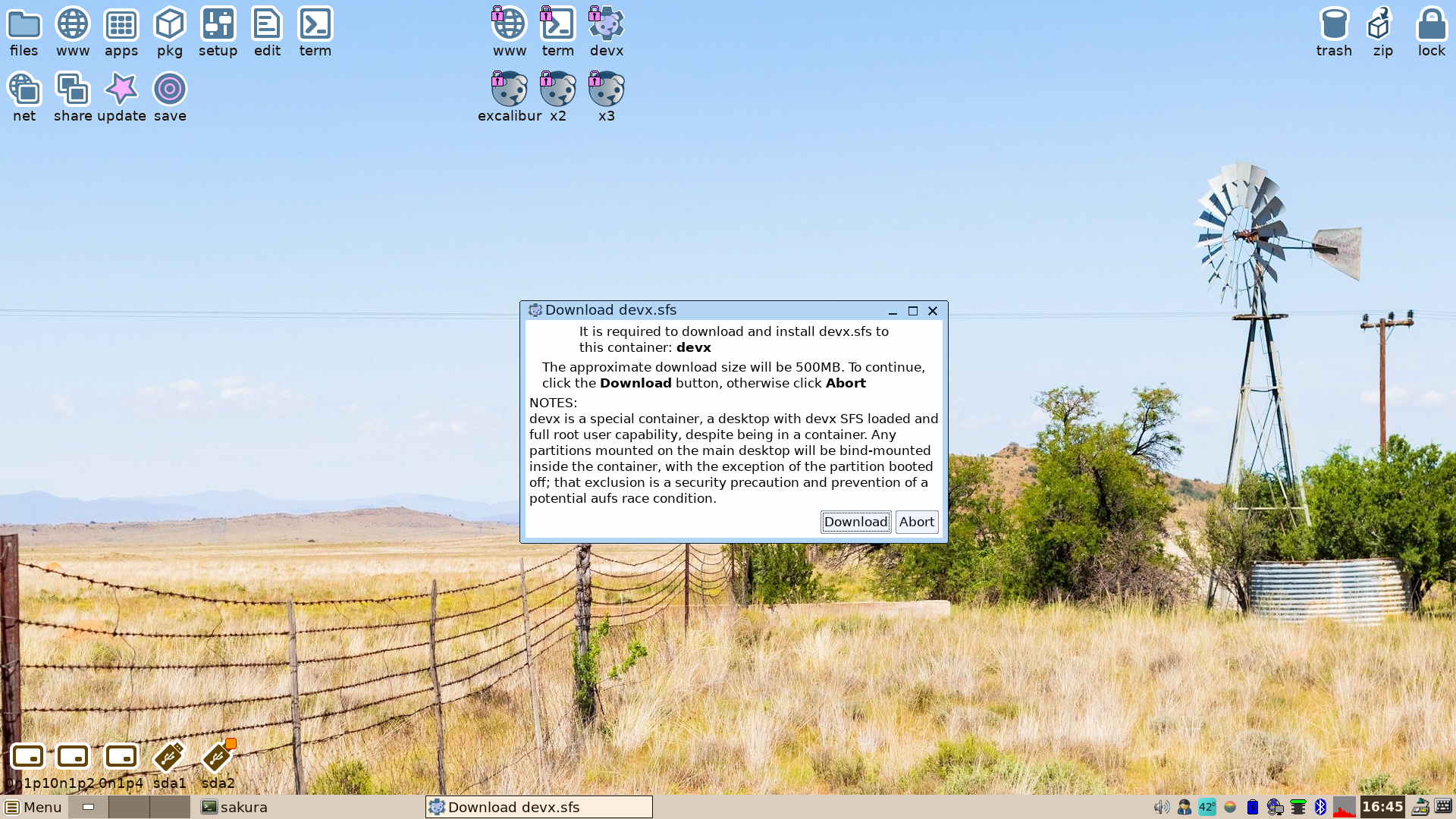 EasyOS desktop screenshot: 7.0 setup devx