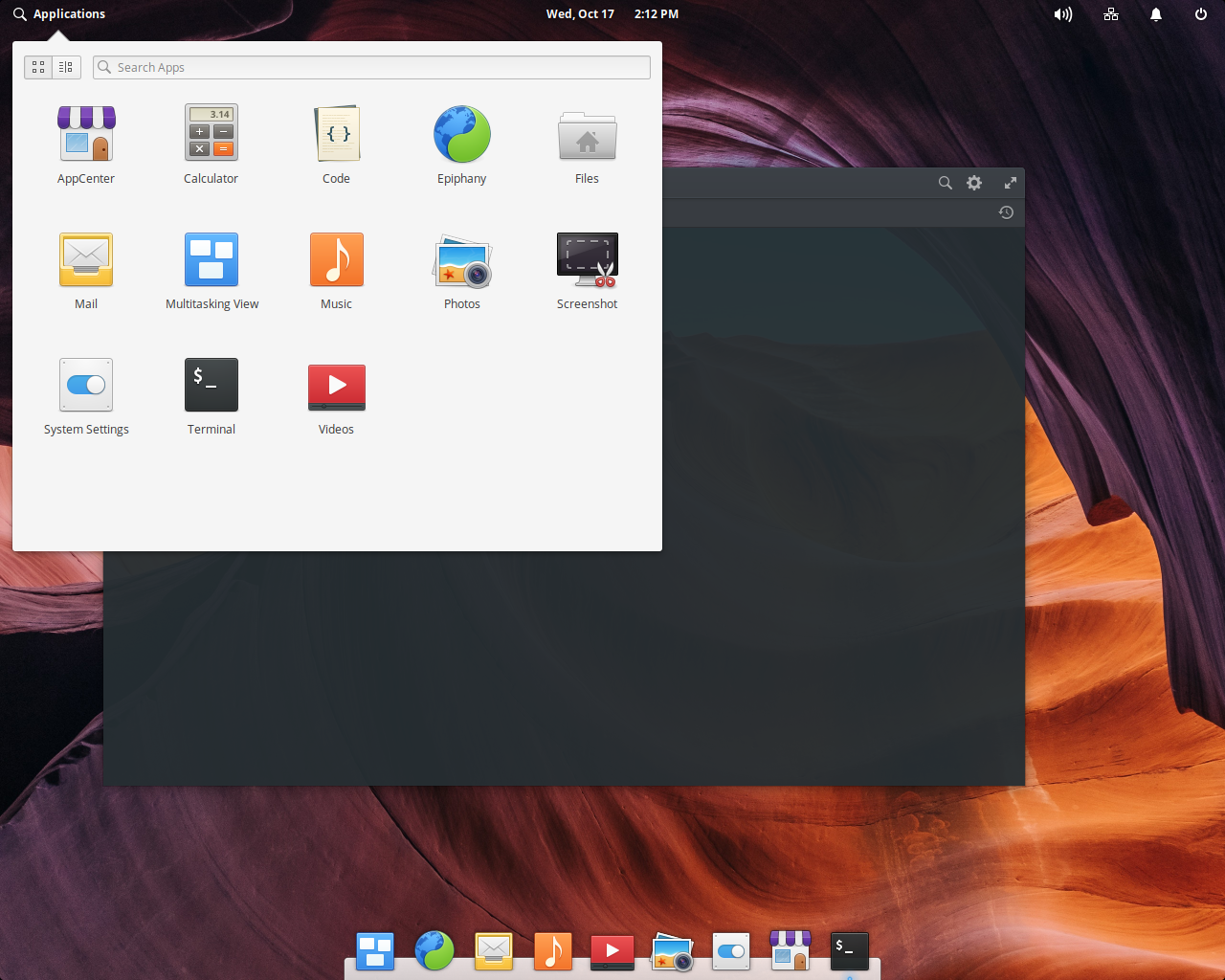elementary desktop screenshot: 5.0 menu