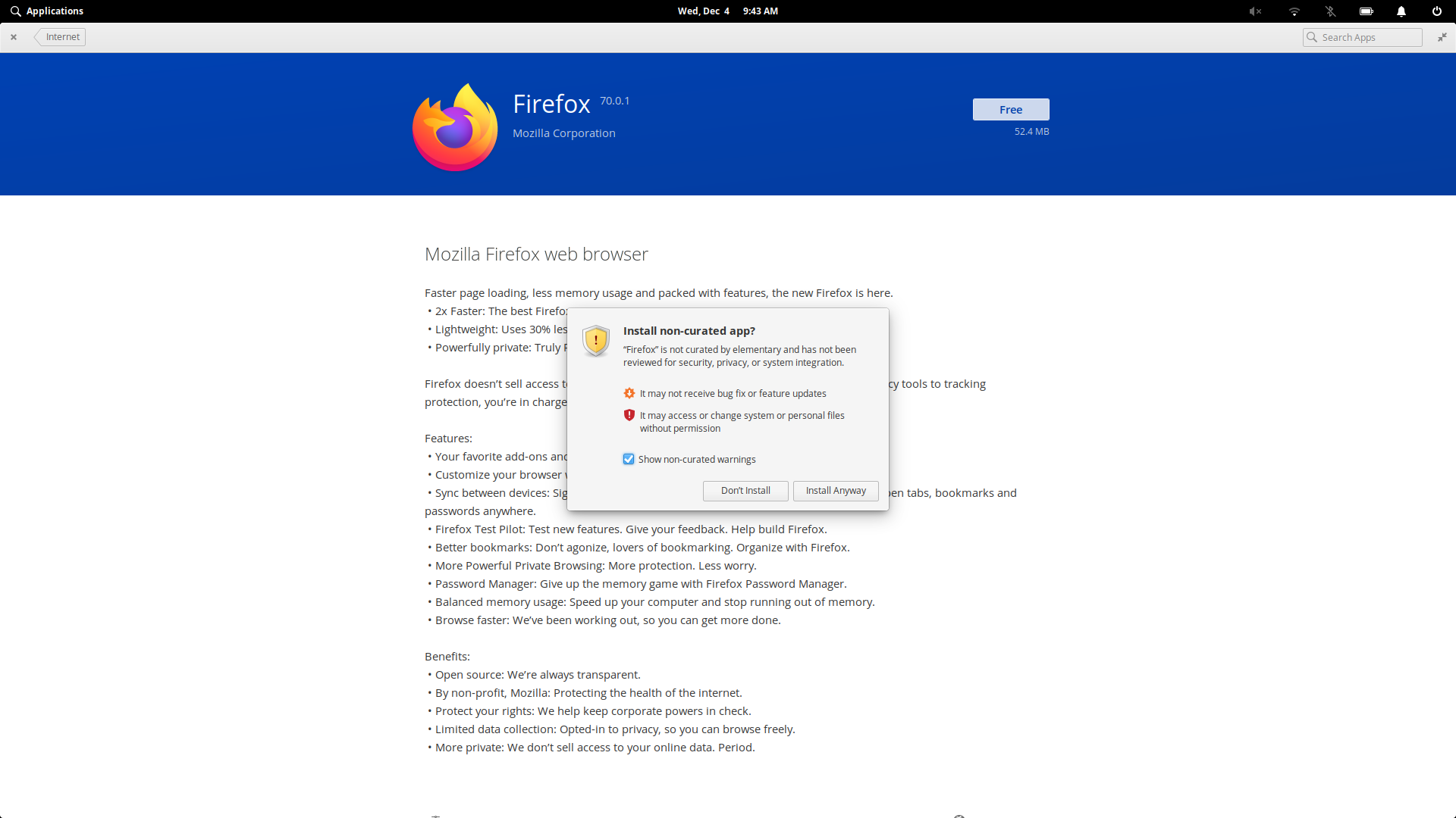 elementary desktop screenshot: 5.1 installing non curated application