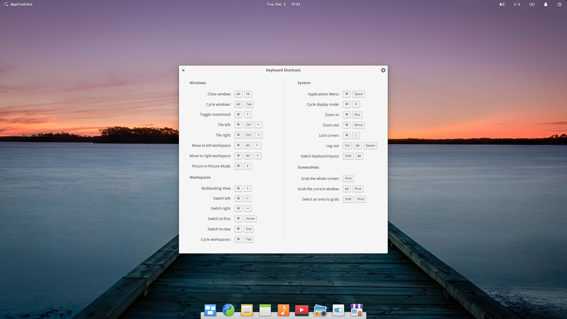 elementary desktop screenshot: 5.1 keyboard shortcuts